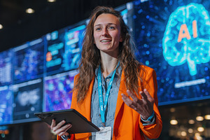Woman speaker presenting AI technolo, a Photo by Pixeness Studio