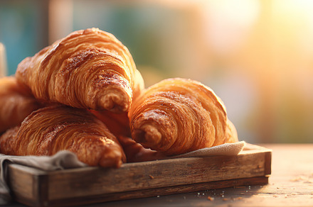 Baked croissants arranged on a rustic wooden tray in warm evening light, a Food & Drink Photo by AlyaAnd