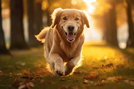 Retriever dog running in autumn park, an Animal Photo by AlyaAnd
