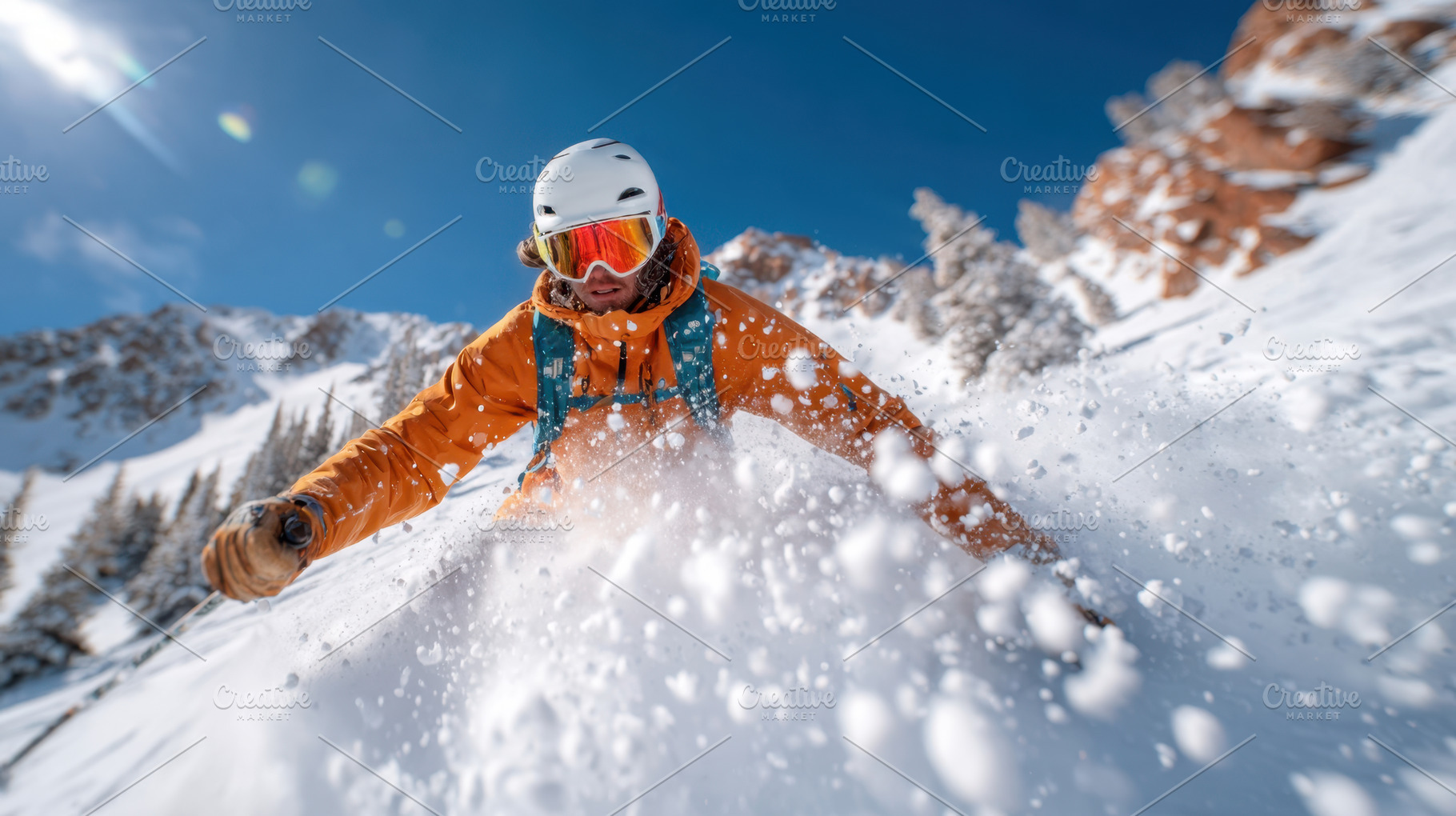 Skier carving through fresh snow in the mountains, a Sports & Recreation Photo by AlyaAnd
