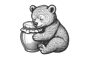 Adorable Bear Cub Hugging Honey Jar, an Animal Illustration by AlexArt