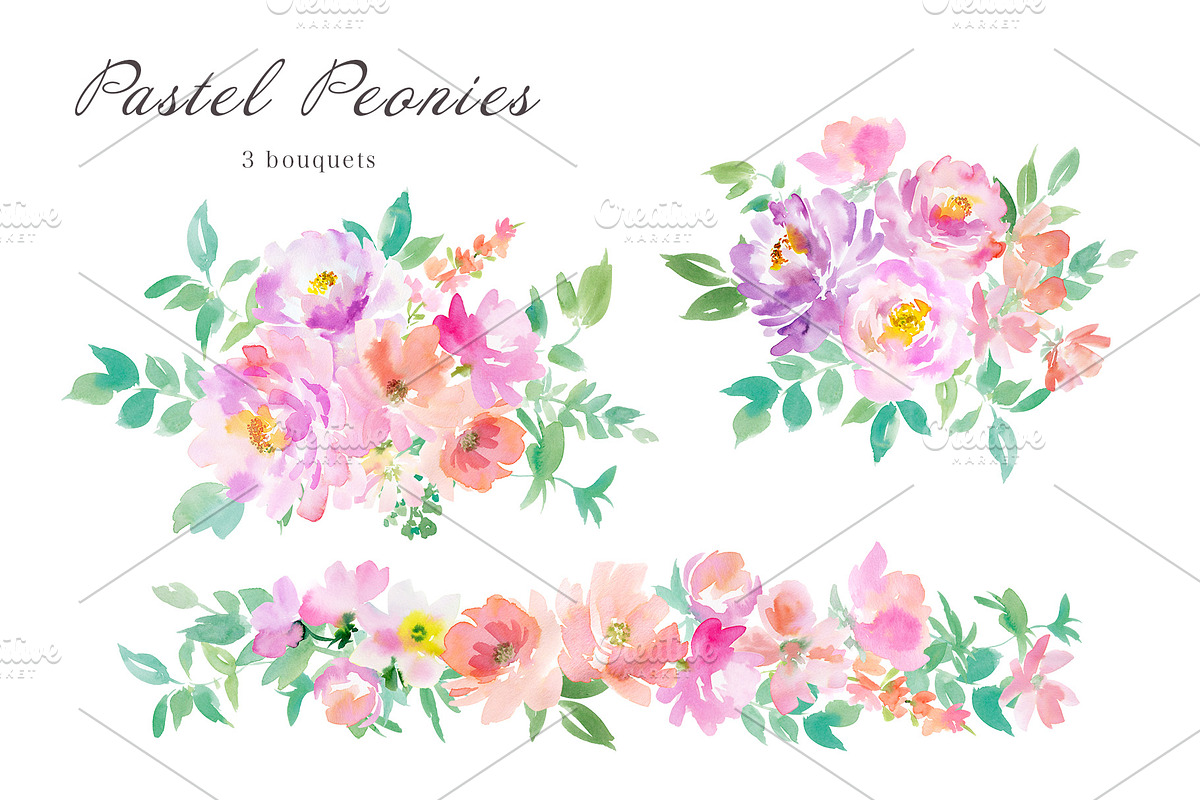 pastel peonies watercolor clipart, a Decorative Illustration by Sawango Designs (Photo 4 of 6)