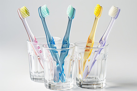 New toothbrushes in glasses on white background, a Health & Medical Photo by AlyaAnd