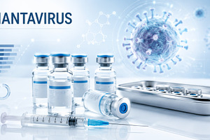Hantavirus outbreak concept with medical vials and syringe on sc, a Photo by Dvoevnore photos