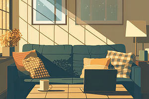 Sunlit living room with cozy decor and a modern working setup, a Photo by AS photostudio