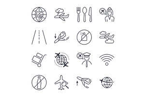 Airport theme line icon set. Pixel