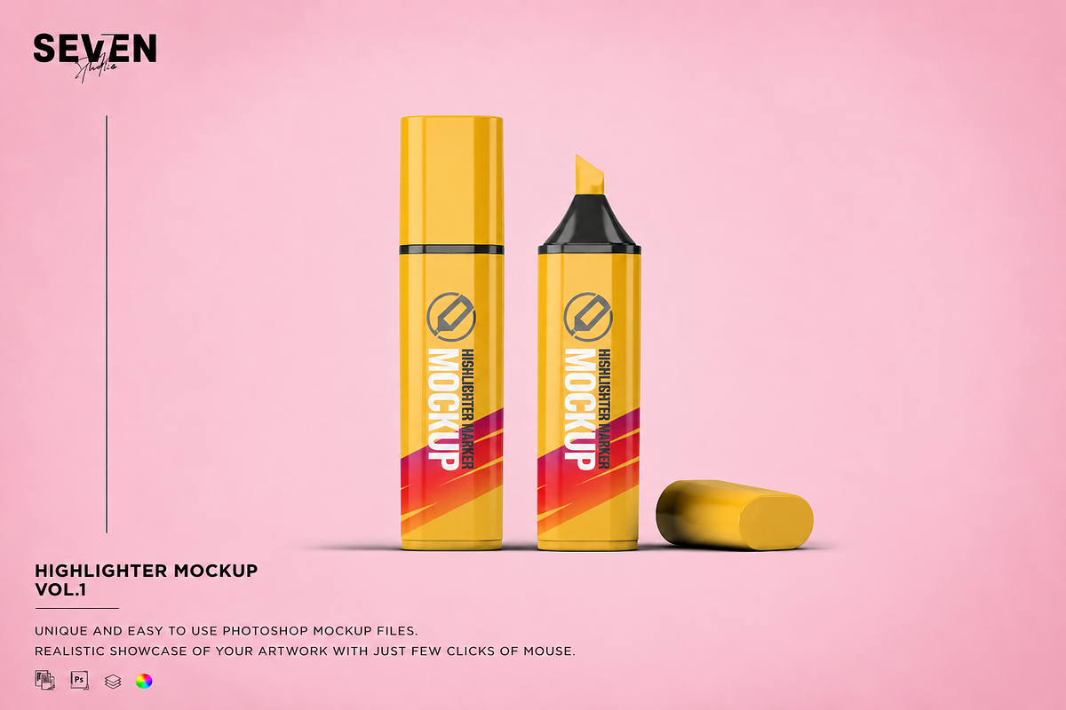 Highlighter Marker Pen Mock-Up, a Pens & Pencil Mockup by Se٧enStudio (Photo 1 of 9)