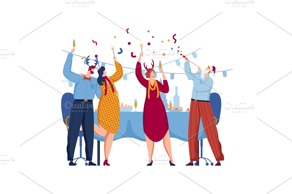 Three people celebrating New Year's, a Food Illustration by seahorsevector