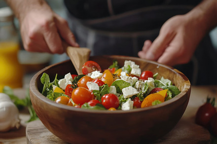Fresh salad preparation in kitchen, a Photo by Beautiful things
