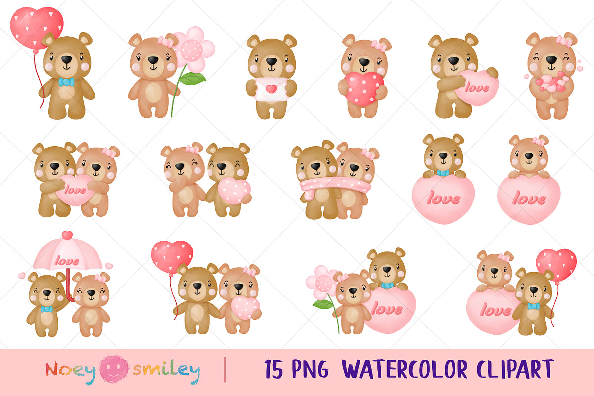 Watercolor Teddy Bear Valentine's, an Animal Illustration by Noey smiley (Photo 2 of 7)