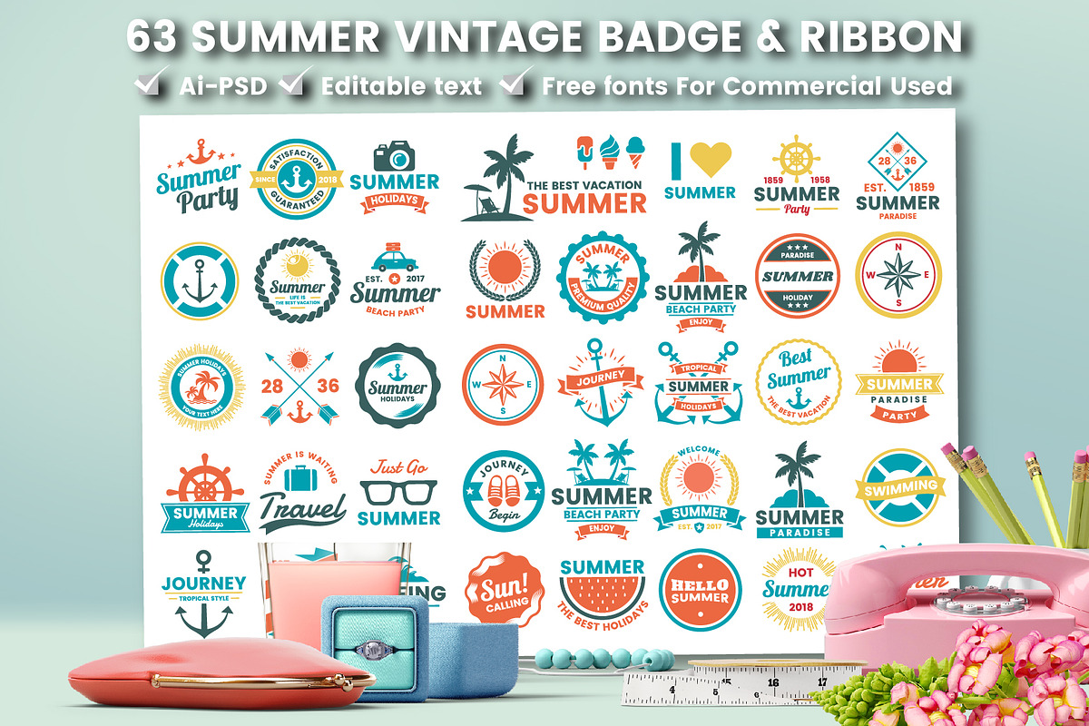 63 SUMMER VINTAGE BADGE & RIBBON, a Branding & Logo Template by Toonsteb (Photo 1 of 16)