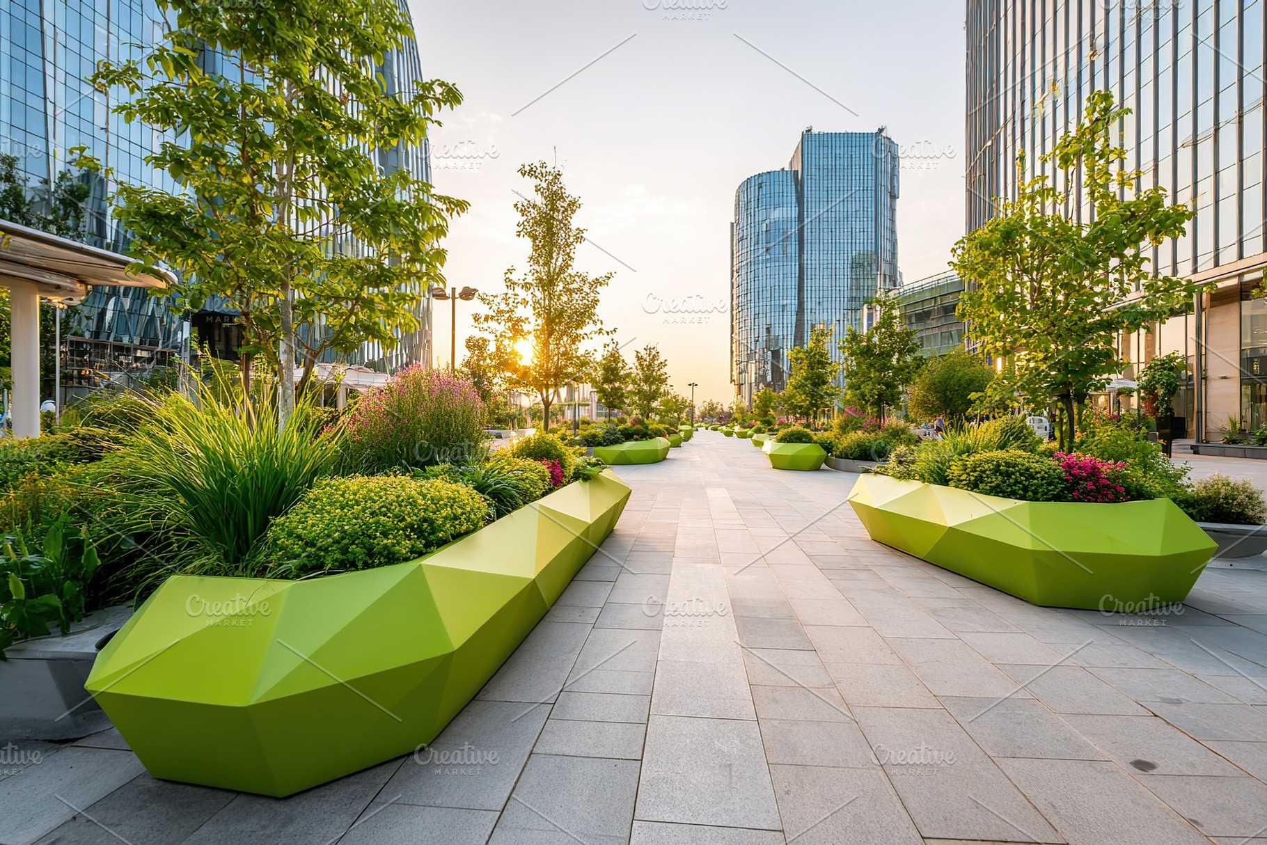 Stylish urban garden with geometric planters at sunset in a modern cityscape, a Photo by AlyaAnd
