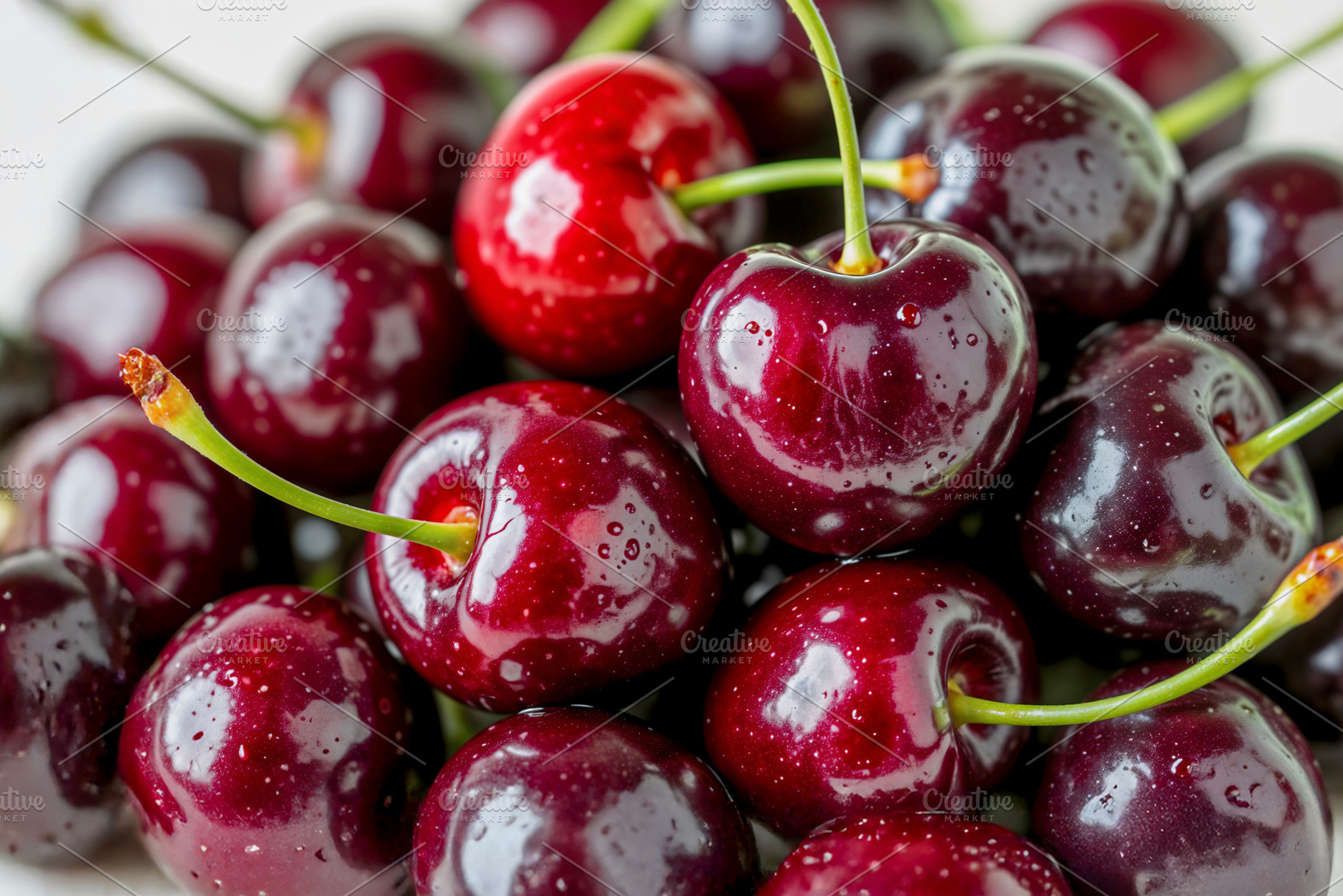 Close up of juicy red cherries, a Photo by rarrarorro