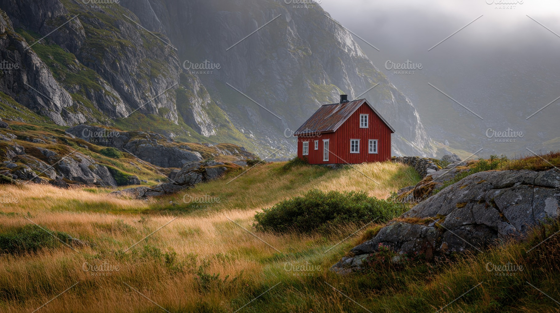 Red house on a hill in a valley, a Photo by Beautiful things