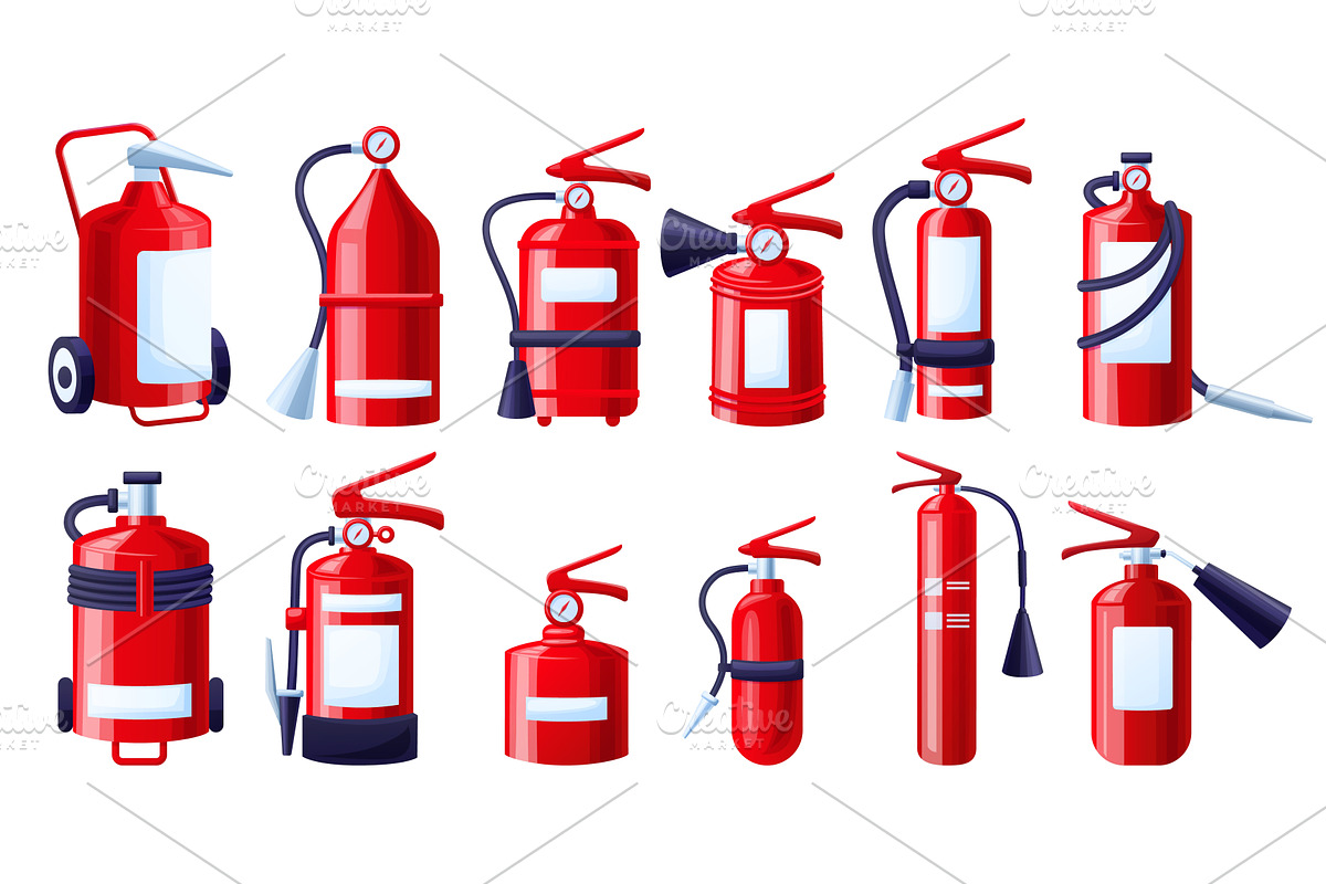 Cartoon fire extinguishers. Isolated, an Illustration by LadadikArt