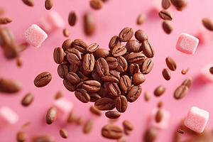 Heart made of coffee beans surrounded by dancing sugar cubes on a pink backgrou, a Food & Drink Photo by AlyaAnd