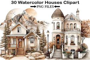 Watercolor Houses Clipart, an Illustration by Black Bird Studio