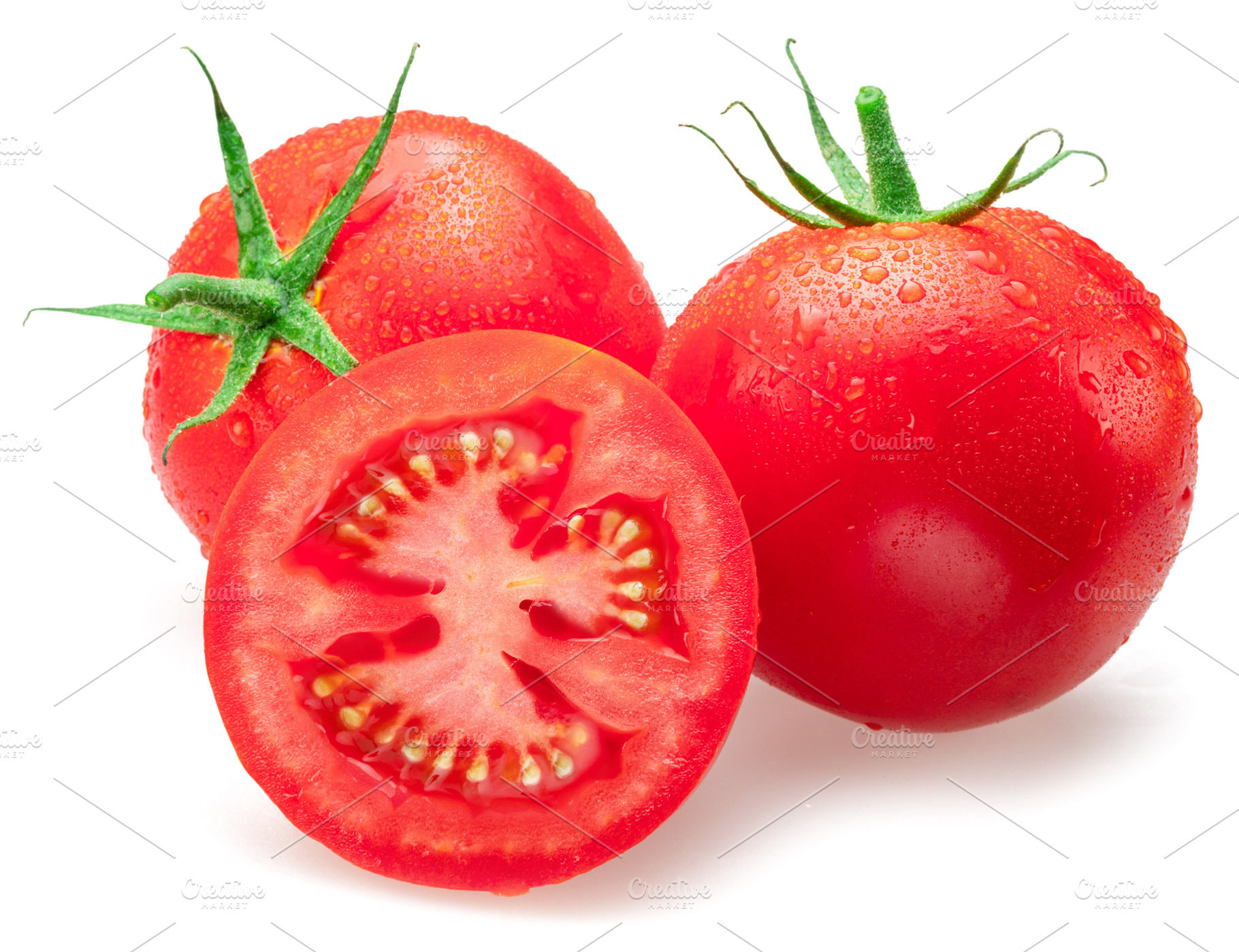 Freshly washed red tomatoes covered with water drops on white ba, a Food & Drink Photo by Volff