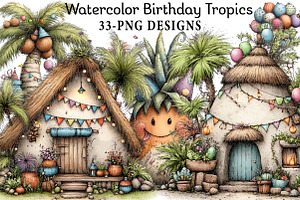 Watercolor Birthday Tropics Clipart, an Illustration by Daily.Designs