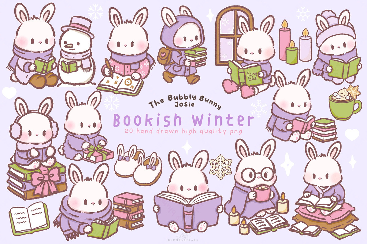 Kawaii Bunny Bookish Winter Clipart, an Animal Illustration by Blumensdiary (Photo 1 of 7)