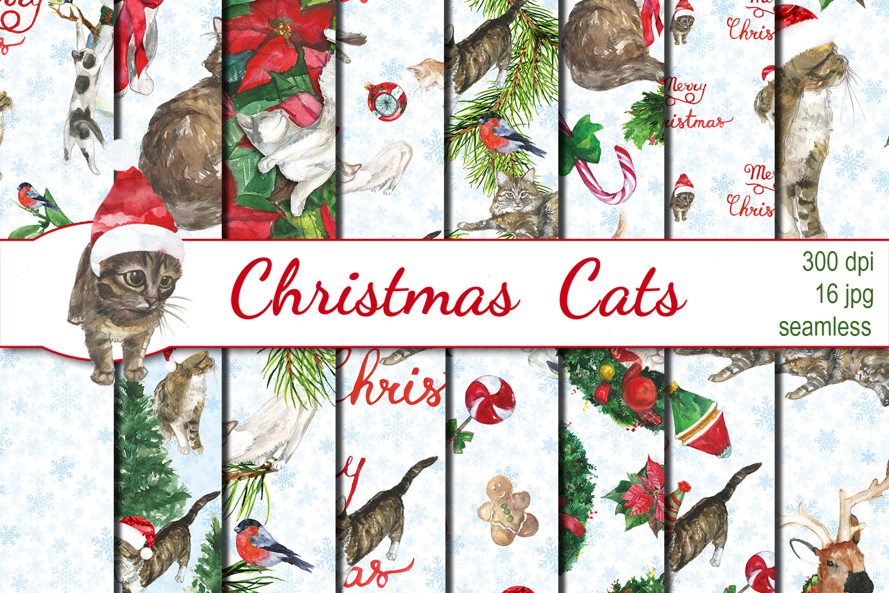 Watercolor Christmas Cats patterns, a Pattern Graphic by DollyPotterson