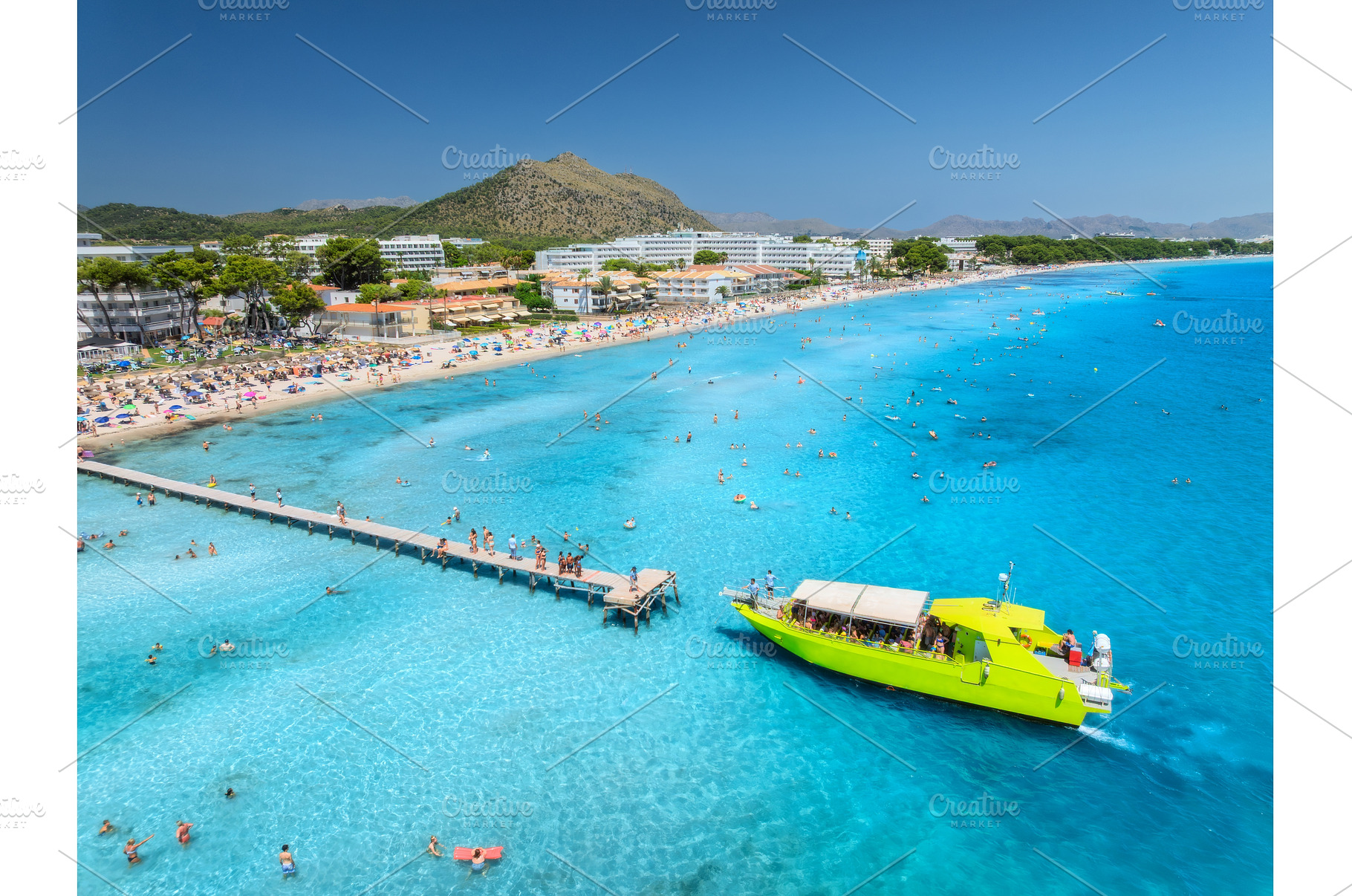 Aerial view of Alcudia beach, blue, a Nature Photo by den-belitsky