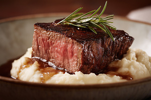 Juicy grilled steak served on creamy, a Food & Drink Photo by MistyDay