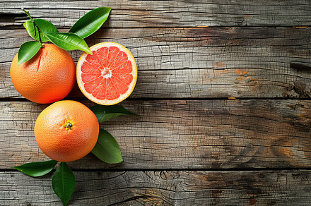 Fresh and tasty grapefruits with green leaves on wooden background, a Food & Drink Photo by AlyaAnd