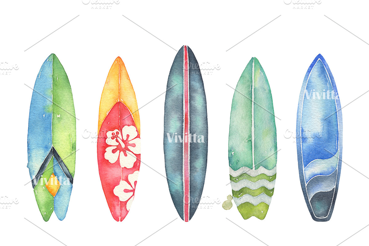 Surfing watercolor clipart set, an Illustration by Vivitta (Photo 3 of 9)