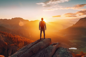 Adventurous Man Standing on Mountain Top at Sunset, Overlooking Valley, a Photo by AS photostudio