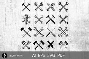 Set Of Crossed Saws, Hammers, Piston