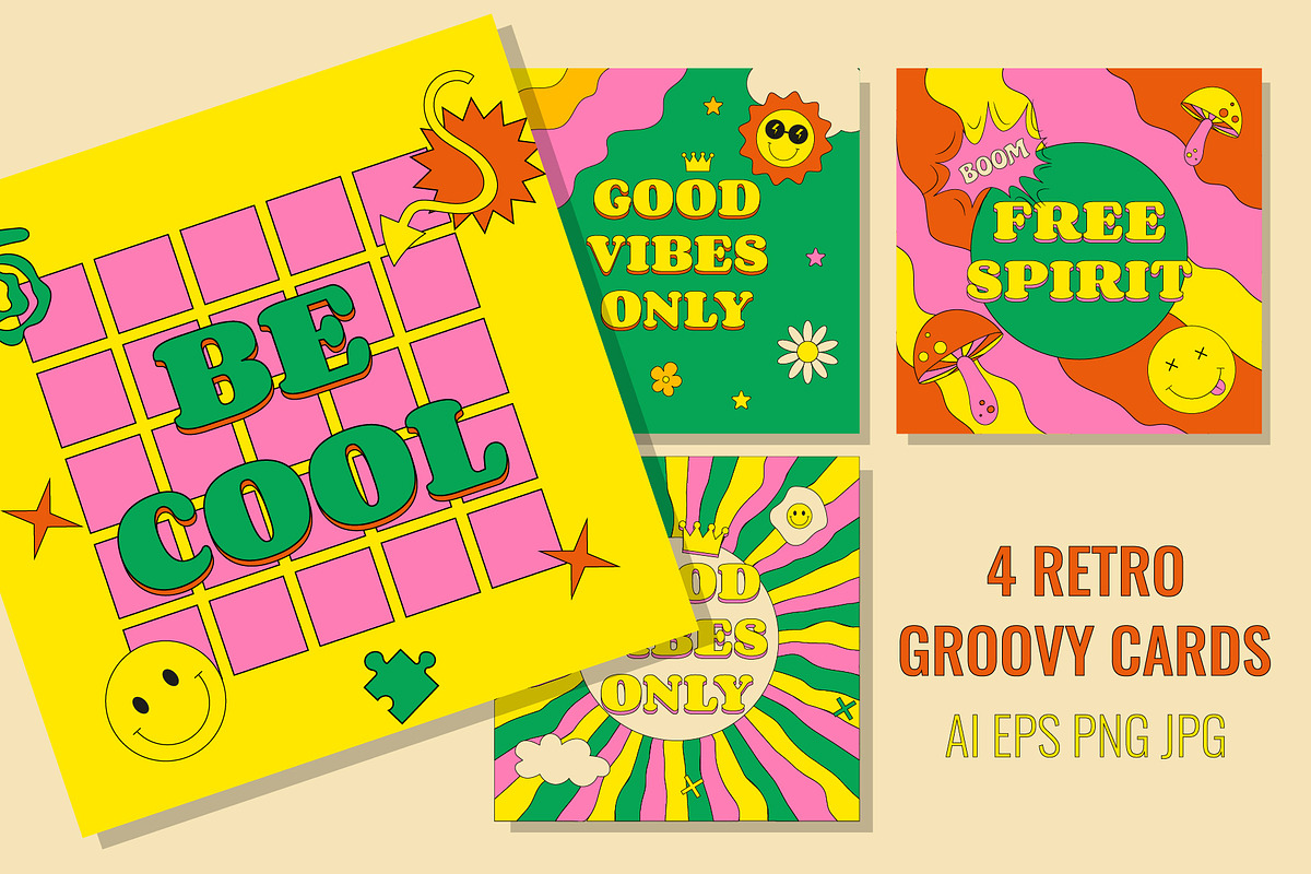 Set of Retro Groovy cards, an Illustration by T Bild (Photo 1 of 3)