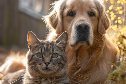 British cat and Golden Retriever, an Animal Photo by Virgo Studio
