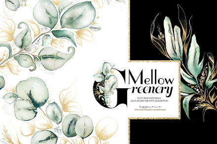 Mellow Greenery. Watercolor and Gold