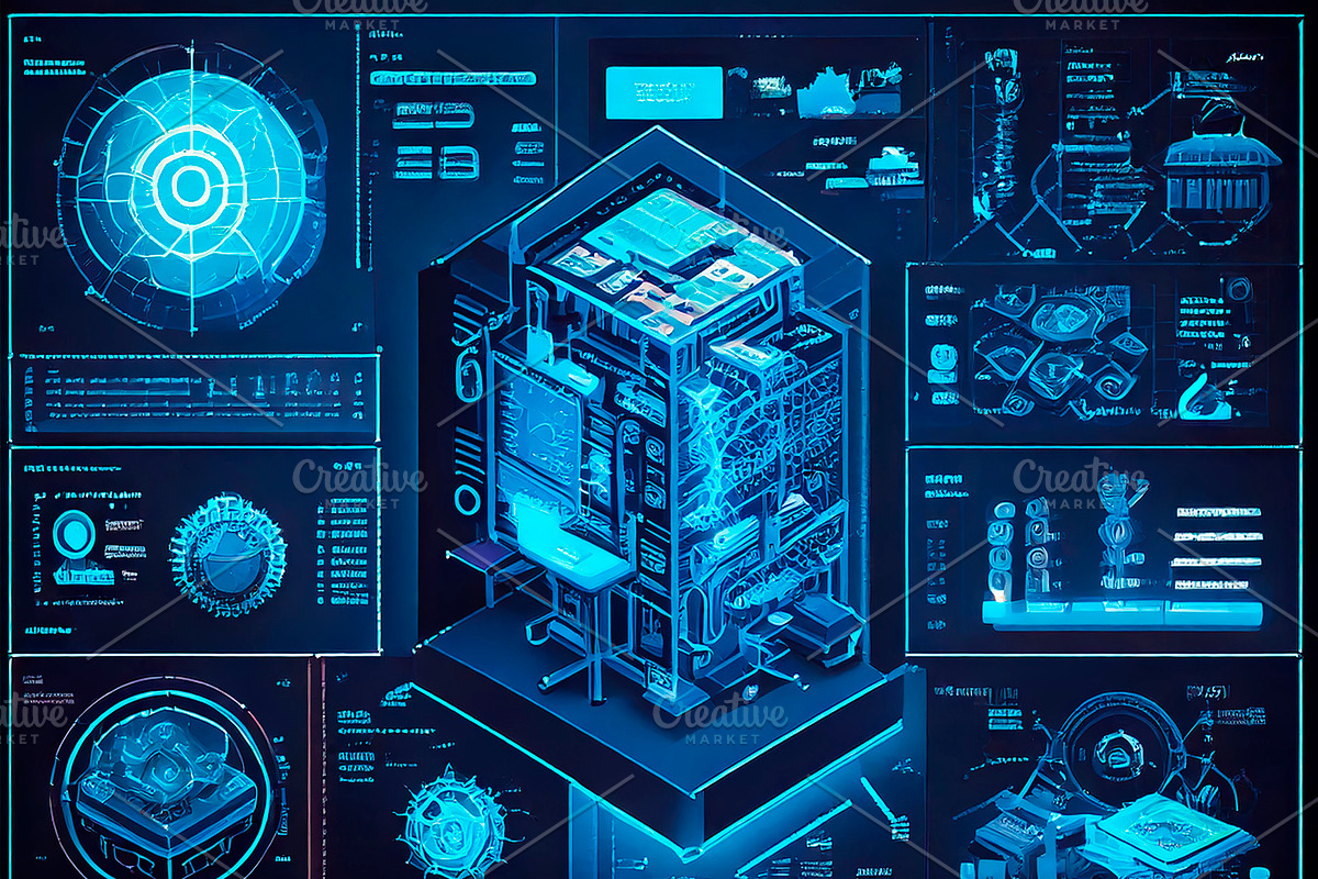 Futuristic blueprint-like interface filled with data, schematics, a Technology Illustration by DanFLCreativo
