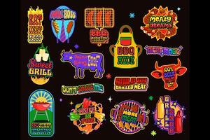 Vintage retro bbq meat stickers, a Decorative Illustration by Vector Tradition