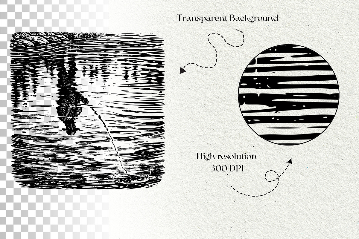 Fishing Scenes Engraving Graphics, a Sport Illustration by DENIDigitalArtSudio (Photo 8 of 8)