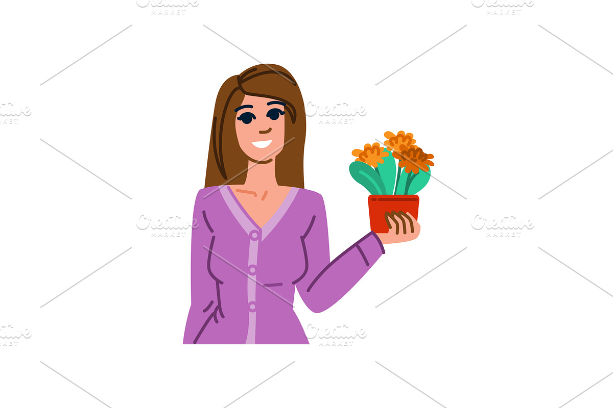 Woman holding potted plant smiling, an Object Illustration by pikepicture