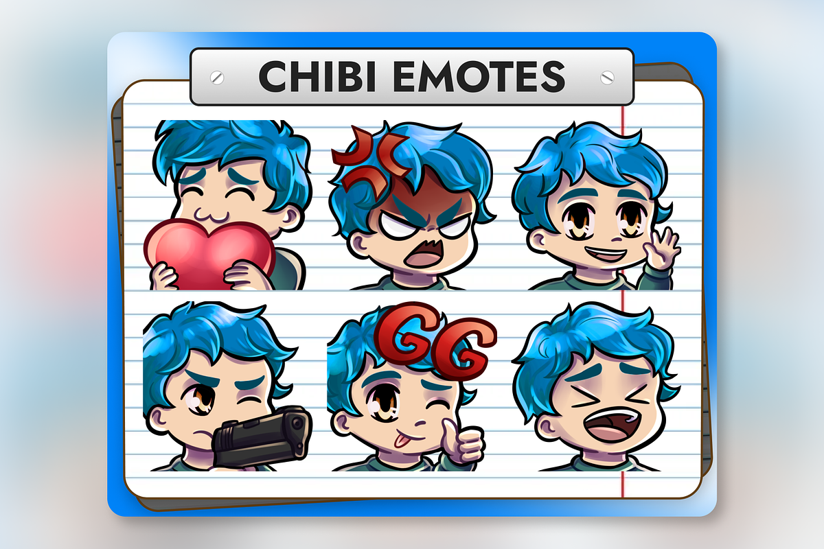 12 Blue Hair Chibi Boy Twitch Emotes, an Illustration by Custom Fonts & Patterns (Photo 1 of 12)