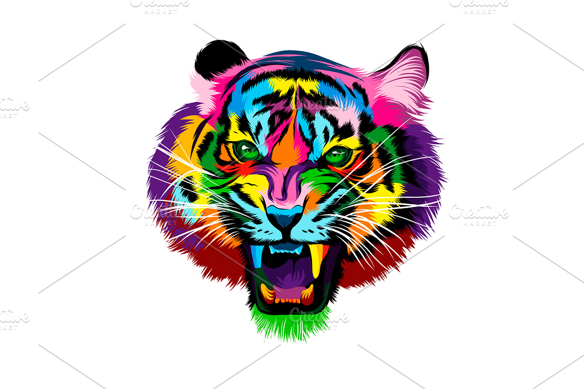 tiger head portrait, tiger grin, an Animal Illustration by 3D Tai
