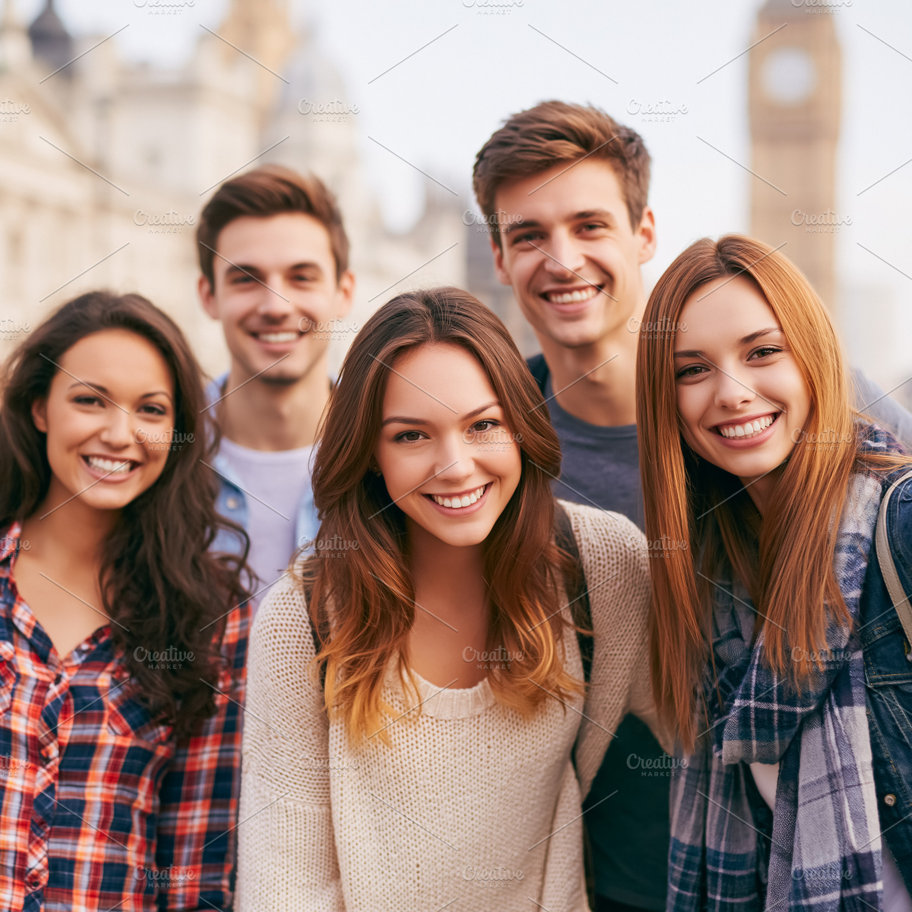 Group of smiling young people standing together outdoors, experi, a Photo by Studio ANNA