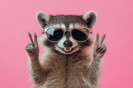 Raccoon wearing sunglasses makes peace sign against a vibrant pink background, an Animal Photo by AlyaAnd