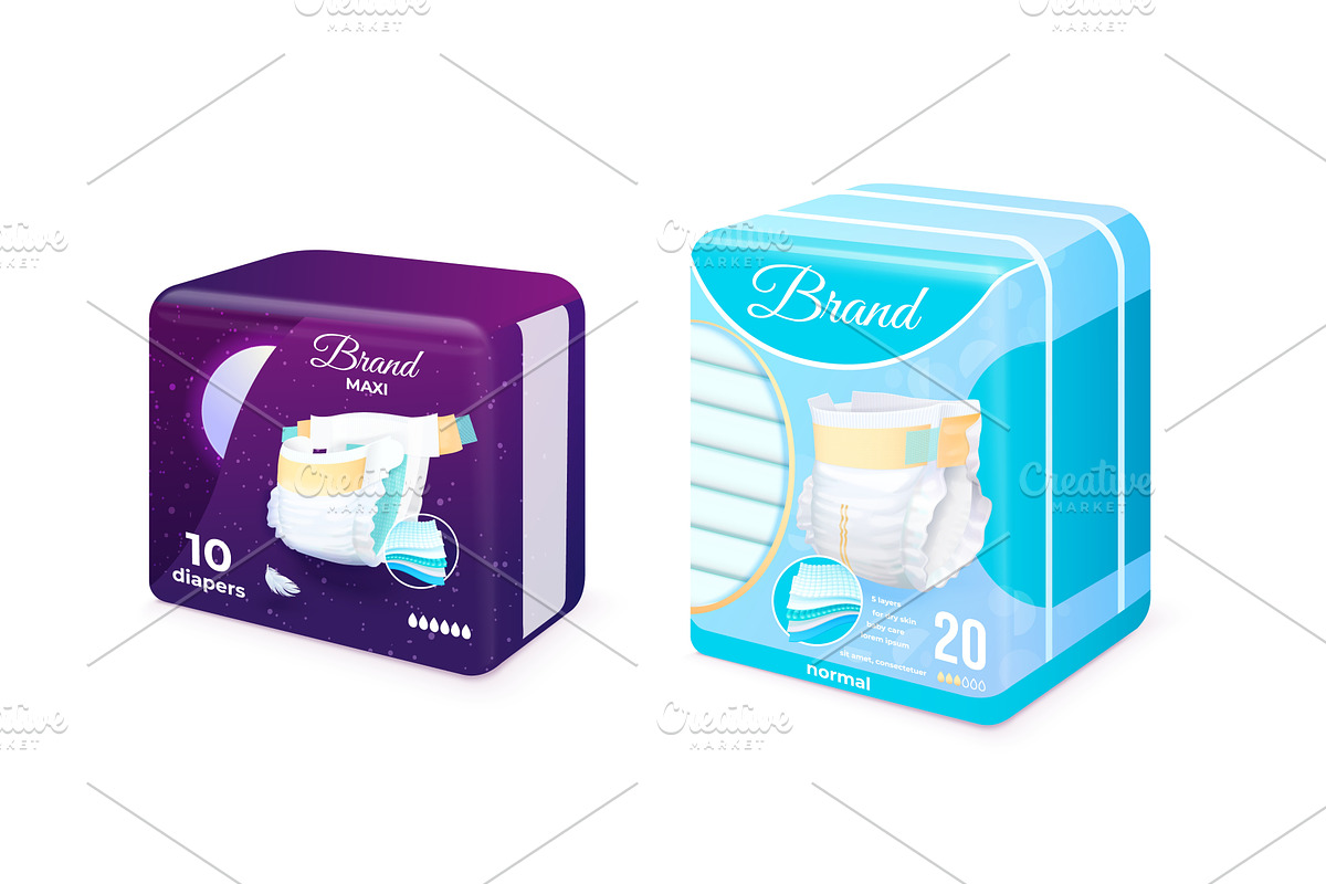 Realistic diapers pack. 3d diaper, an Illustration by Stock-Smart-Start
