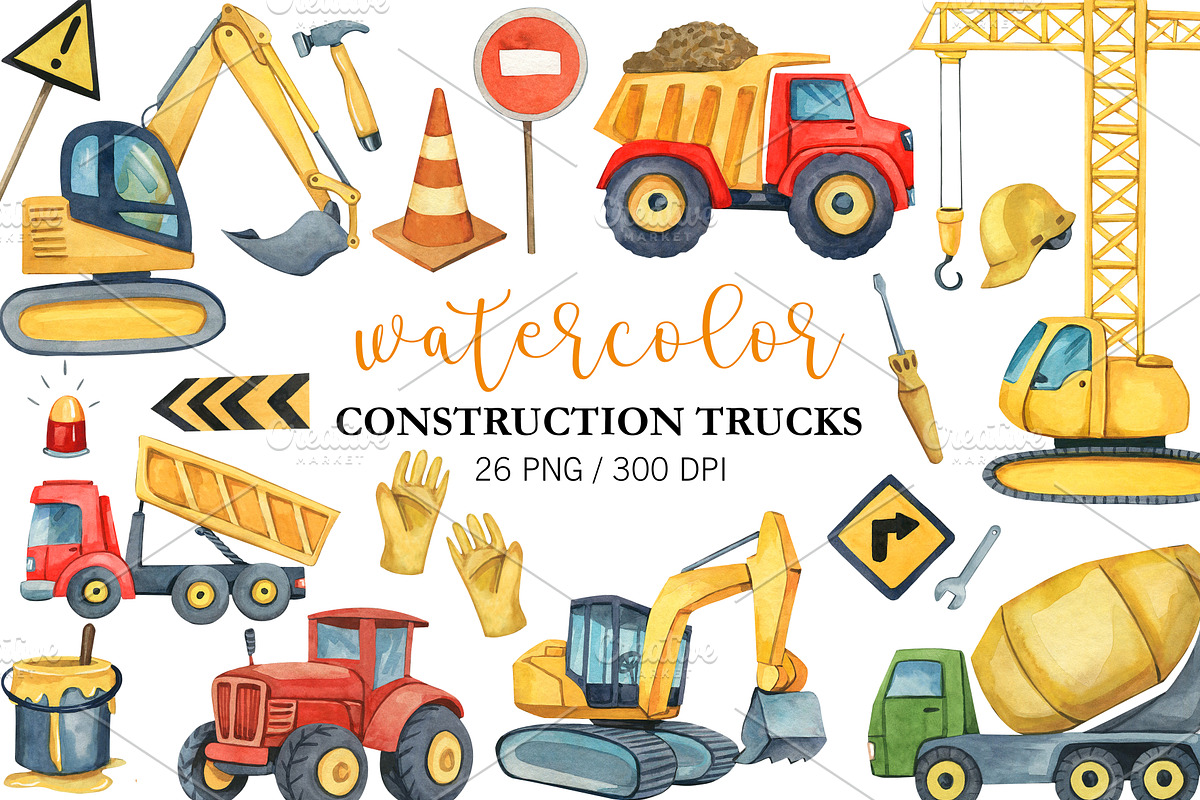 Watercolor Construction Clipart PNG, a Transportation Illustration by PatternPalette (Photo 2 of 4)
