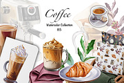 Watercolor coffee composition, a Food Illustration by IrynaPanashii (Thumbnail 1 of 8)