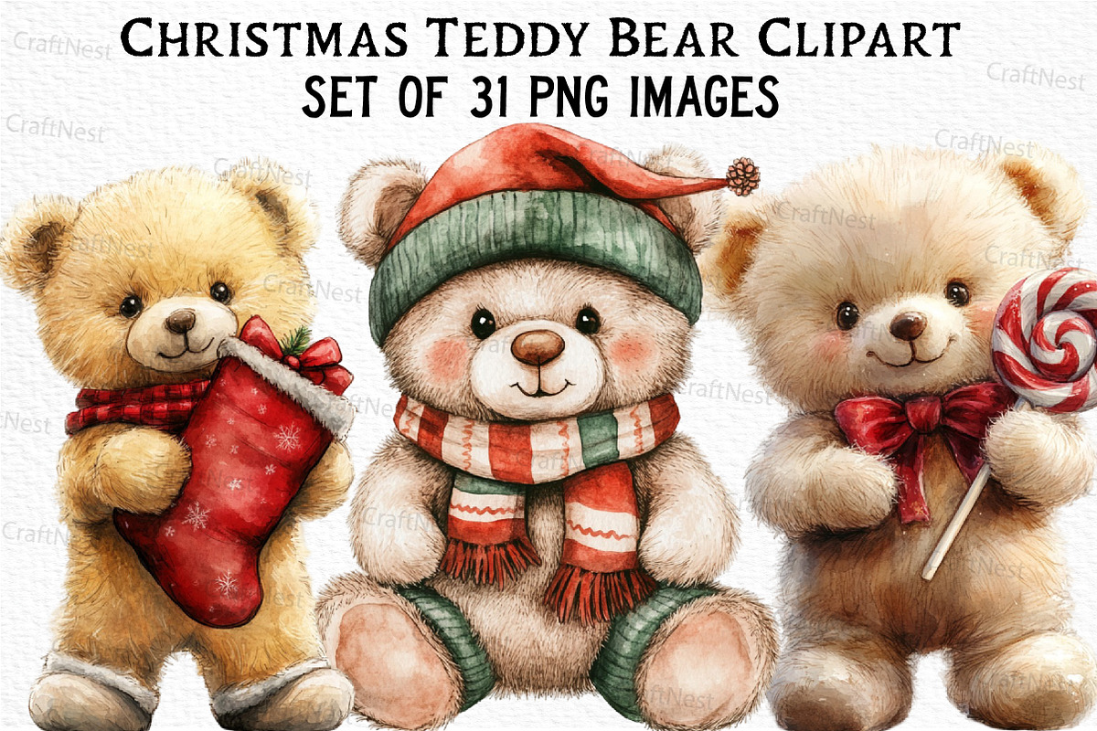 Christmas Teddy Bear Clipart, an Illustration by Craft Nest (Photo 1 of 6)
