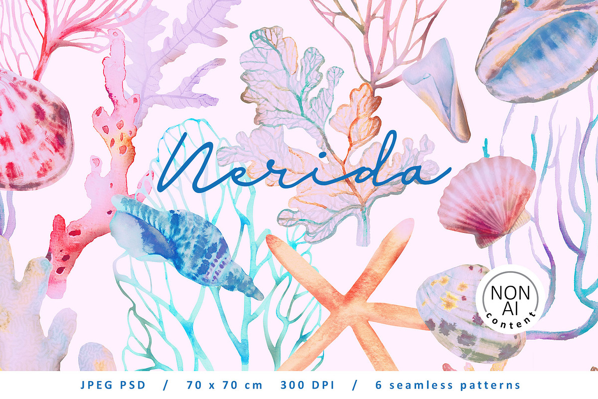 Nerida. Seamless marine pattern, a Pattern Graphic by emeraldthue (Photo 1 of 7)