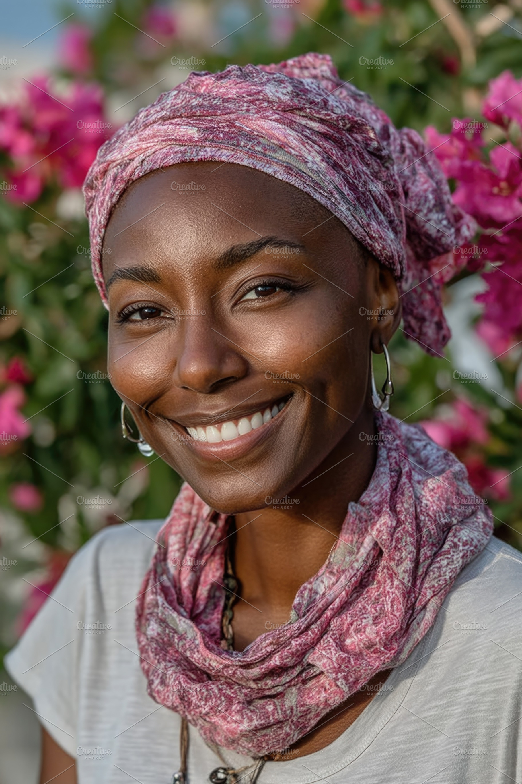 Smiling Black cancer survivor woman wearing pink headscarf outdo, a Person Photo by José Manuel Gelpi