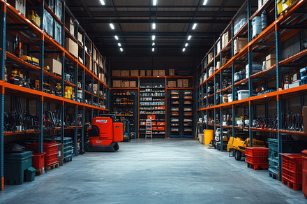 Aisle view in a vast warehouse, rows, a Background Photo by Pixeness