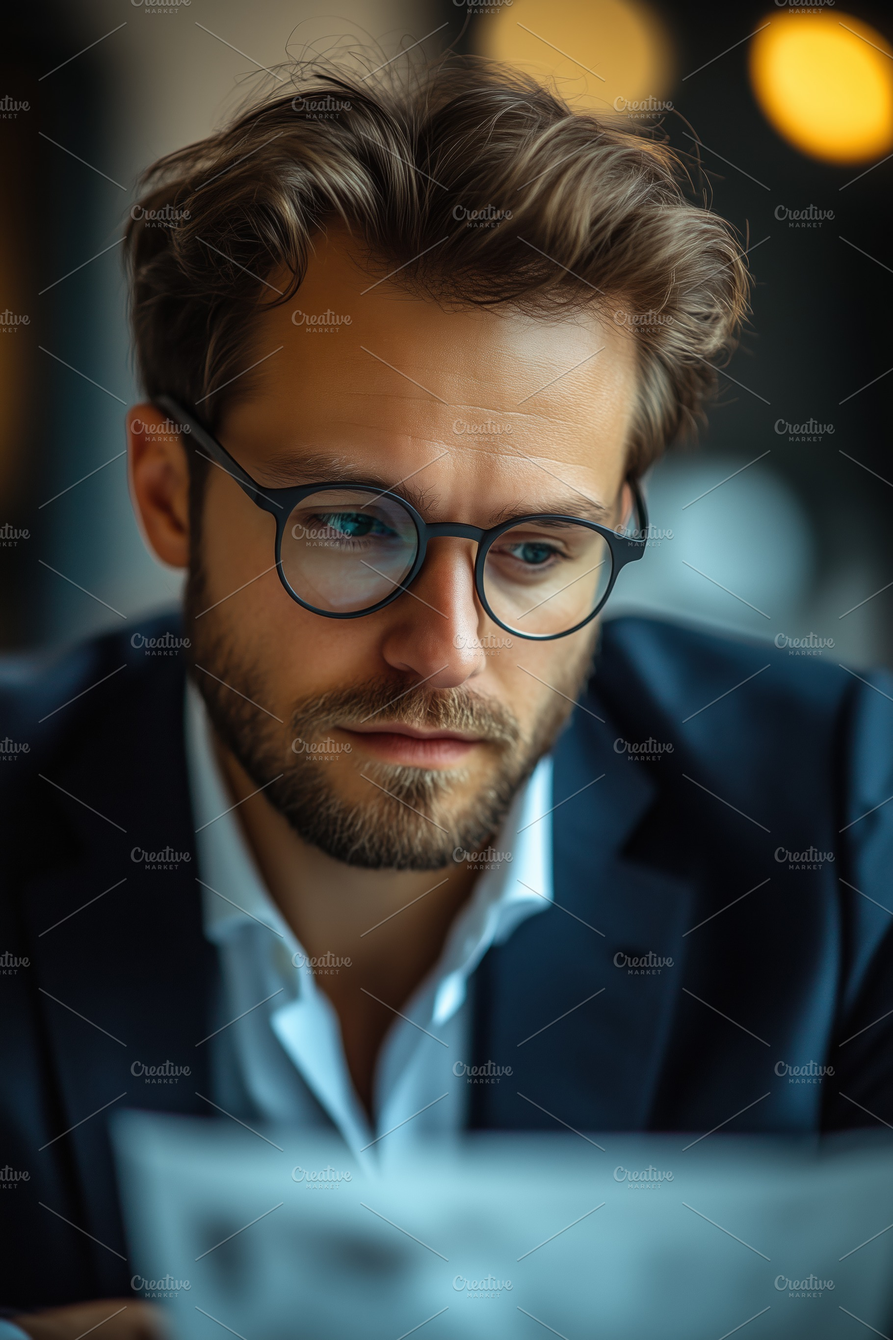 A focused accountant man in a suit reading a document, with stylish glasses and, a Person Photo by Textures & Backgrounds